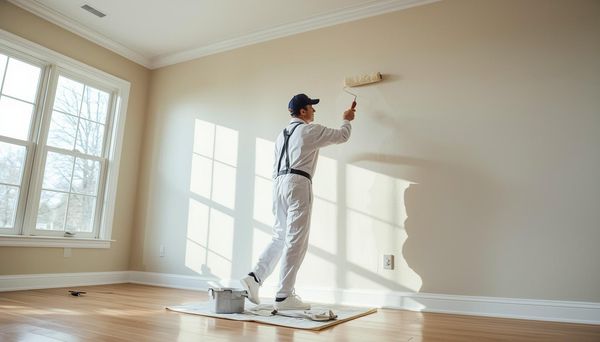 Professional painter rolling fresh off-white paint onto an interior wall in a sunlit GTA home